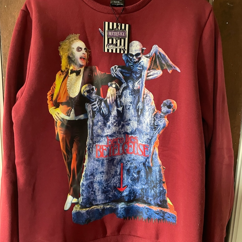 Red Crewneck Sweater with Vintage Horror Graphic
